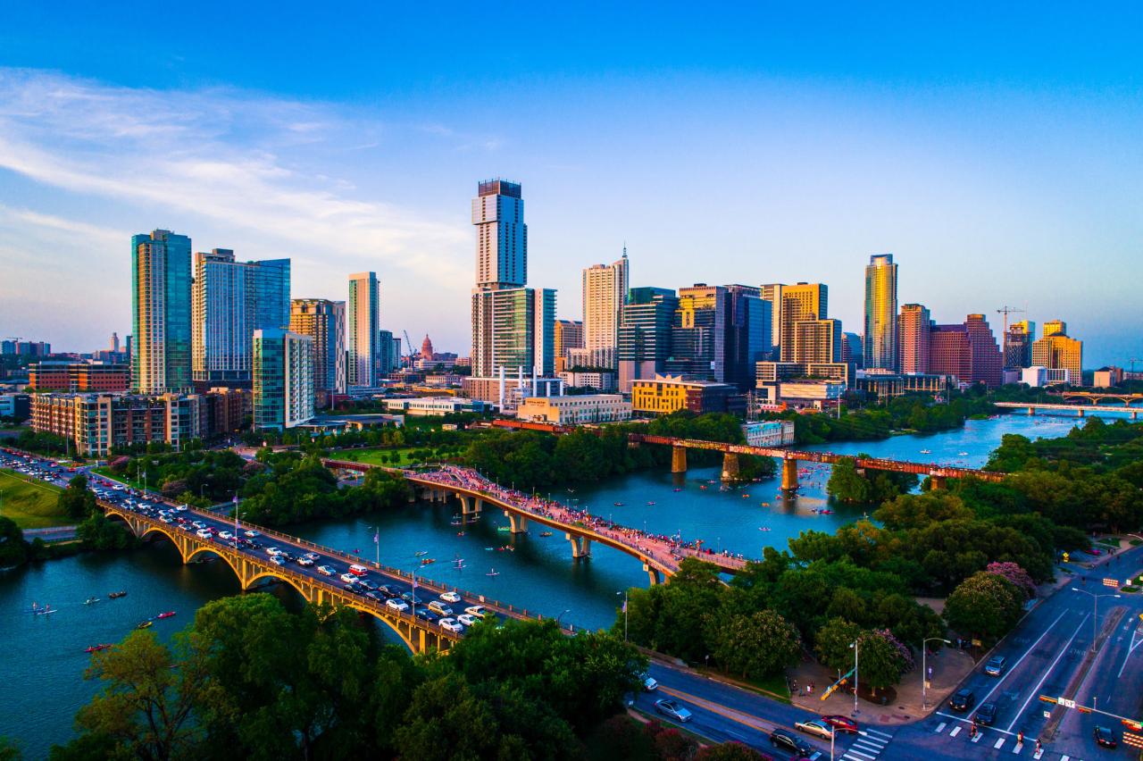 Aerial Drone view above Austin Texas USA Afternoon Sunset Lady Bird ...